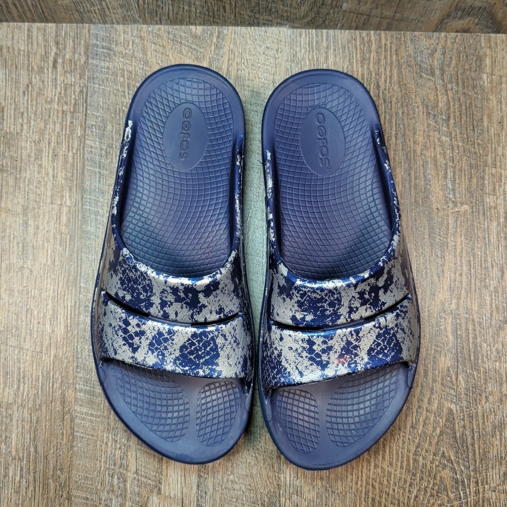 OOFOS OOAHH BLUE METALLIC SNAKESKIN LUXE SLIDES SANDALS WOMEN'S SIZE 8 MENS 6 - Picture 5 of 13